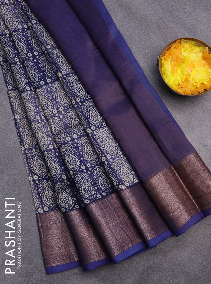 Chanderi silk cotton saree blue with allover prints and woven border