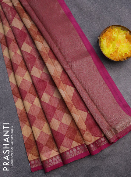 Chanderi silk cotton saree sandal and pink with allover geometric prints and woven border