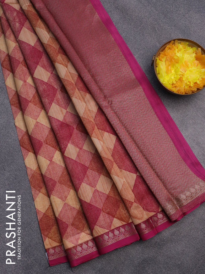 Chanderi silk cotton saree sandal and pink with allover geometric prints and woven border