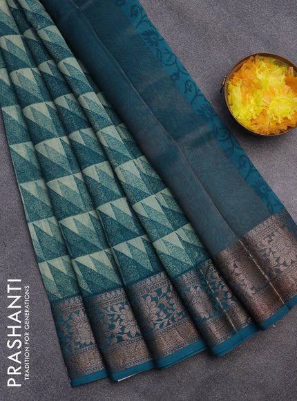 Chanderi silk cotton saree green shade with allover geometric prints and woven border