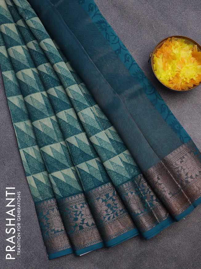 Chanderi silk cotton saree green shade with allover geometric prints and woven border