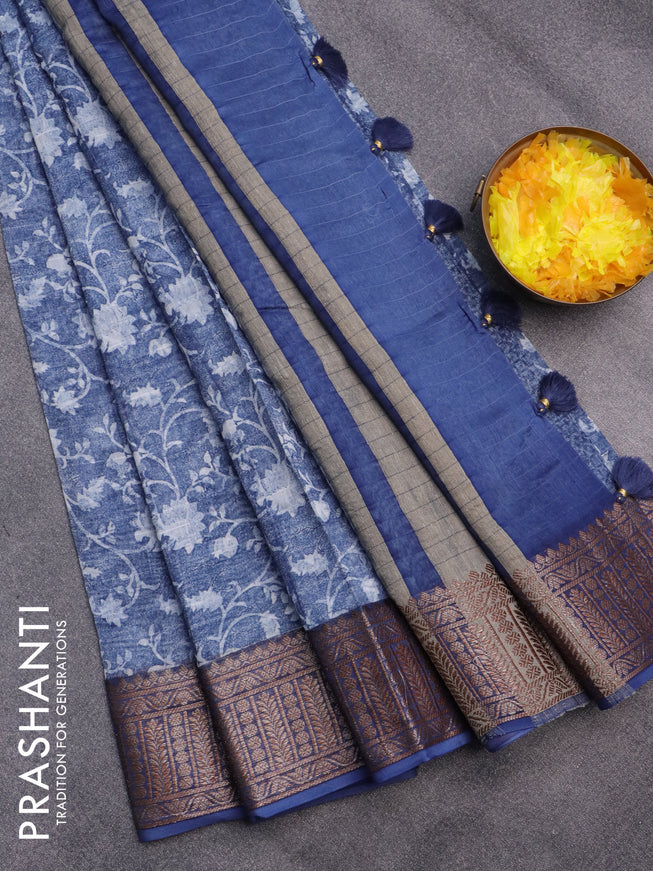 Chanderi silk cotton saree blue with allover prints and woven border