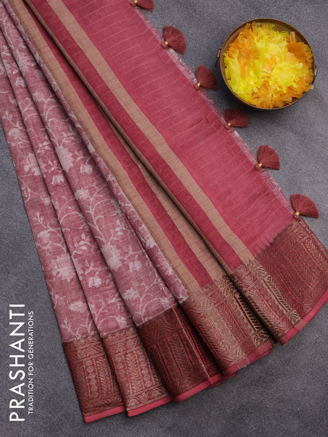 Chanderi silk cotton saree pastel maroon with allover prints and woven border