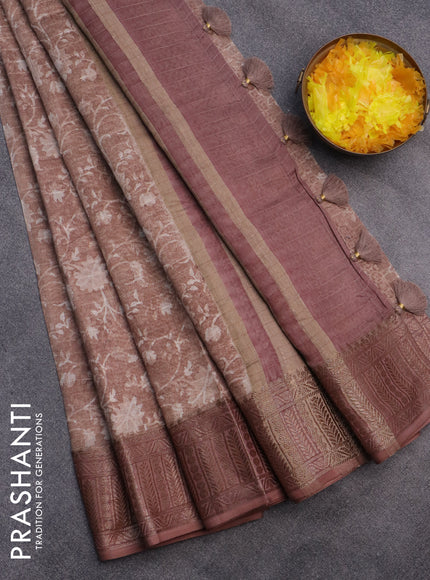 Chanderi silk cotton saree brown shade with allover prints and woven border