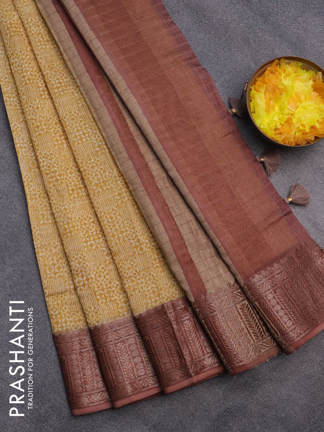 Chanderi silk cotton saree mustard yellow and pastel brown with allover prints and woven border