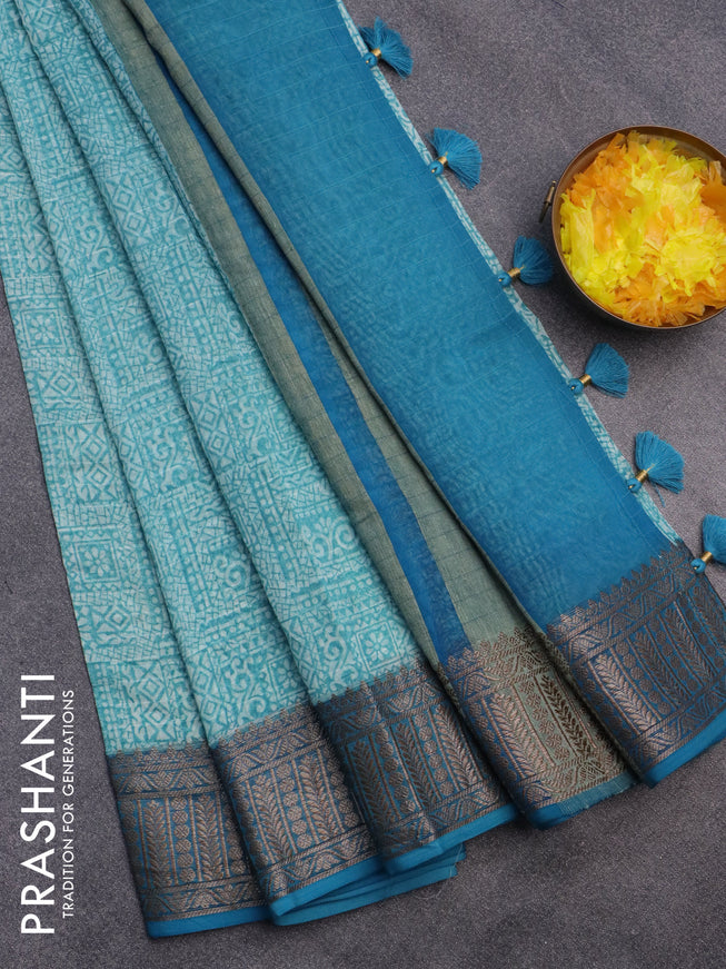 Chanderi silk cotton saree teal blue with allover prints and woven border