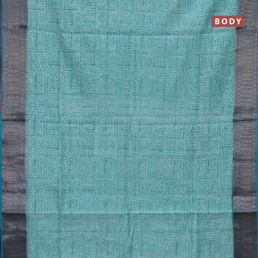 Chanderi silk cotton saree teal blue with allover prints and woven border