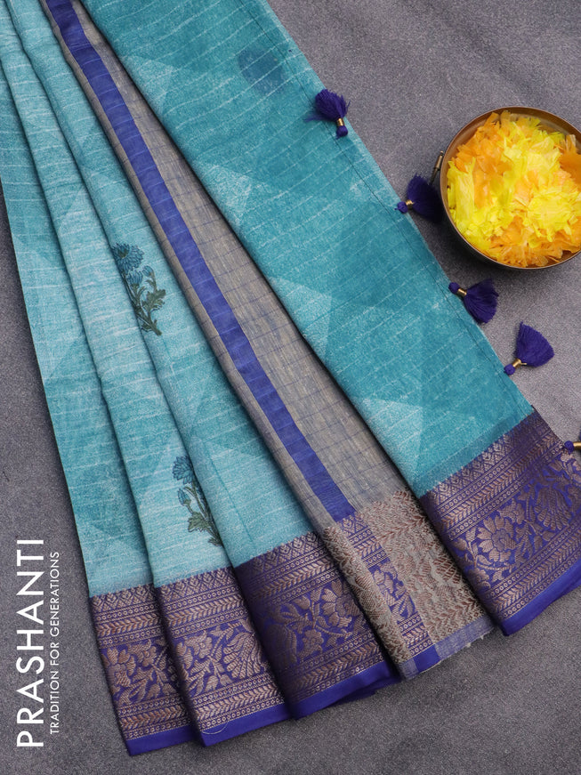 Chanderi silk cotton saree teal blue and blue with butta prints and woven border