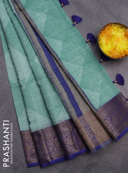 Chanderi silk cotton saree green shade and blue with butta prints and woven border