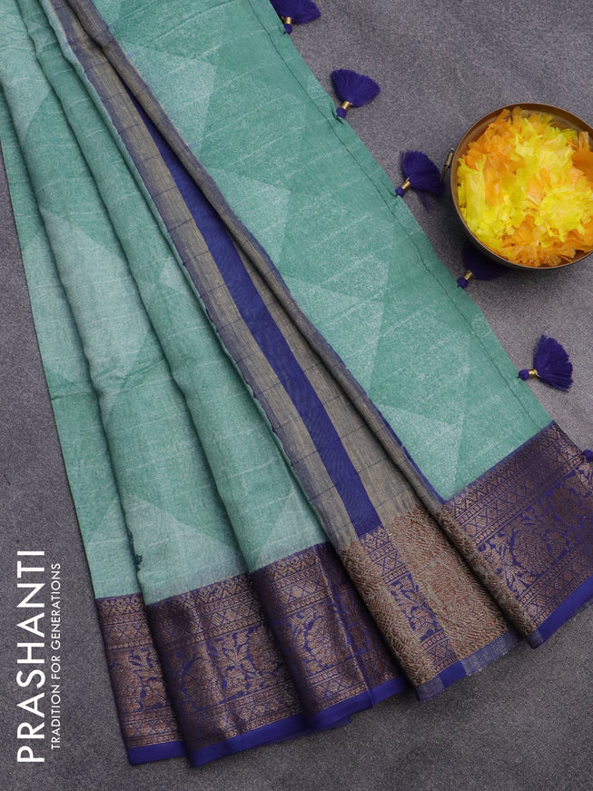 Chanderi silk cotton saree green shade and blue with butta prints and woven border