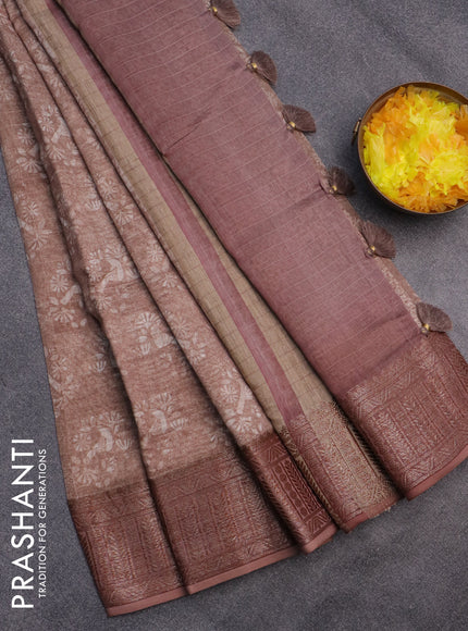 Chanderi silk cotton saree pastel brown with allover prints and woven border