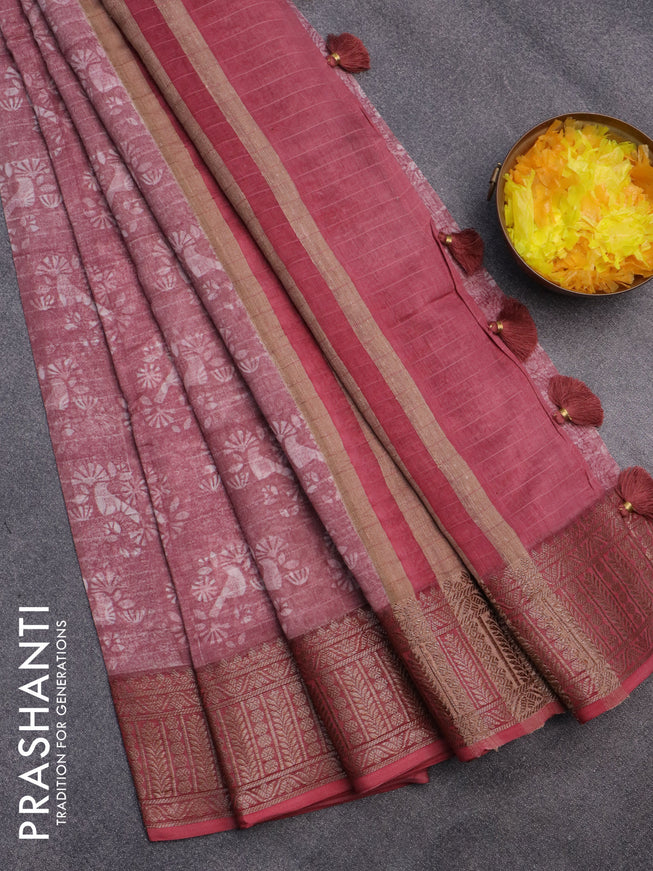 Chanderi silk cotton saree mauve pink and red with allover prints and woven border