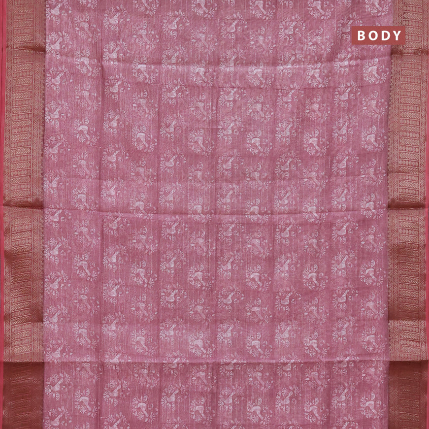 Chanderi silk cotton saree mauve pink and red with allover prints and woven border