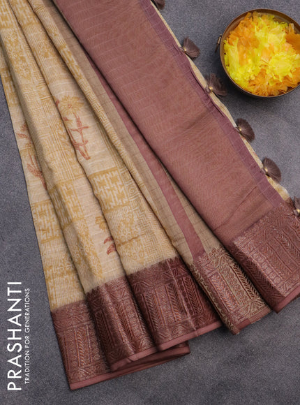 Chanderi silk cotton saree mustard yellow and pastel brown with allover prints and woven border