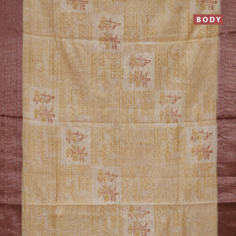 Chanderi silk cotton saree mustard yellow and pastel brown with allover prints and woven border