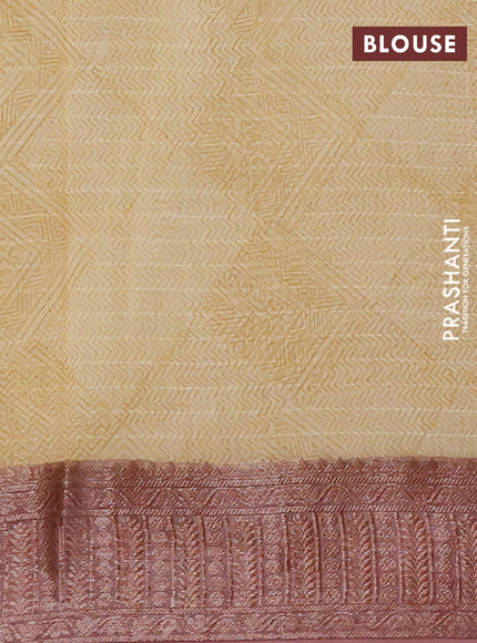 Chanderi silk cotton saree mustard yellow and pastel brown with allover prints and woven border