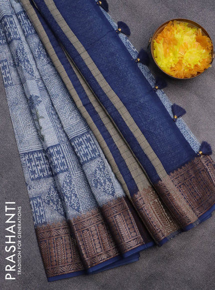 Chanderi silk cotton saree blue shade with allover prints and woven border