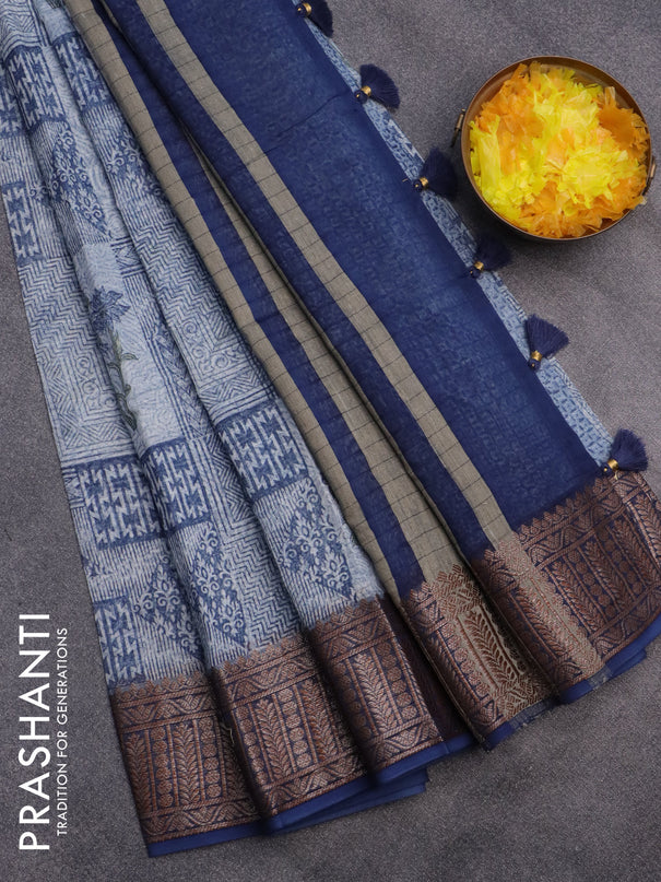 Chanderi silk cotton saree blue shade with allover prints and woven border