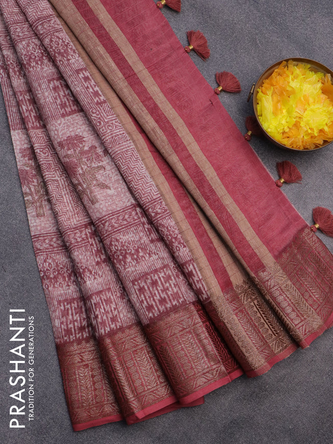 Chanderi silk cotton saree pastel maroon shade with allover prints and woven border