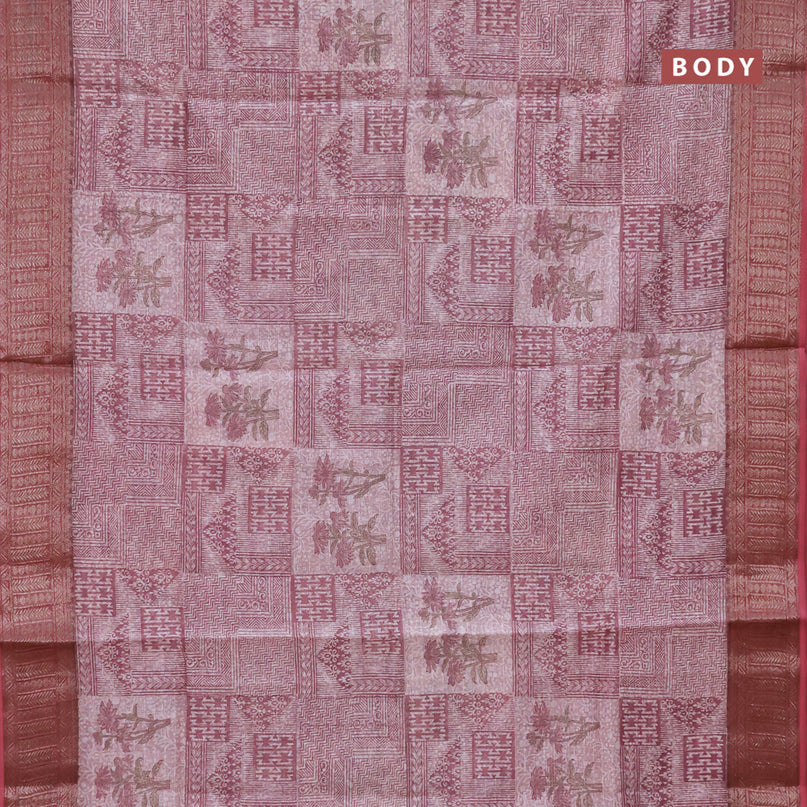 Chanderi silk cotton saree pastel maroon shade with allover prints and woven border