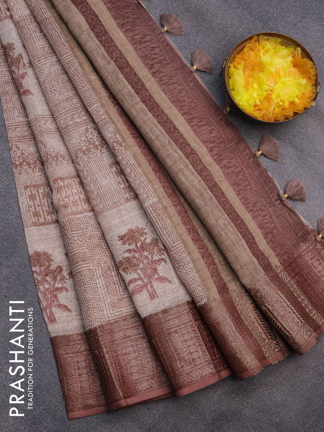 Chanderi silk cotton saree pastel brown with allover prints and woven border