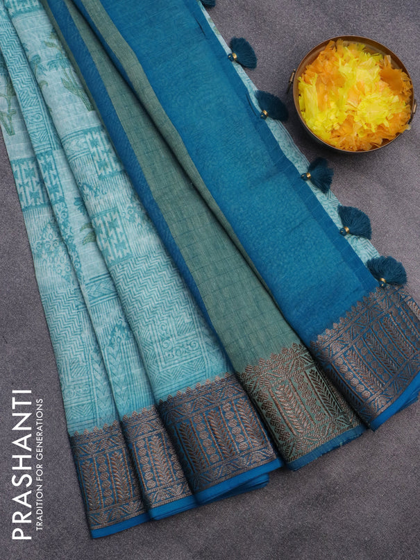 Chanderi silk cotton saree teal blue and cs blue with allover prints and woven border