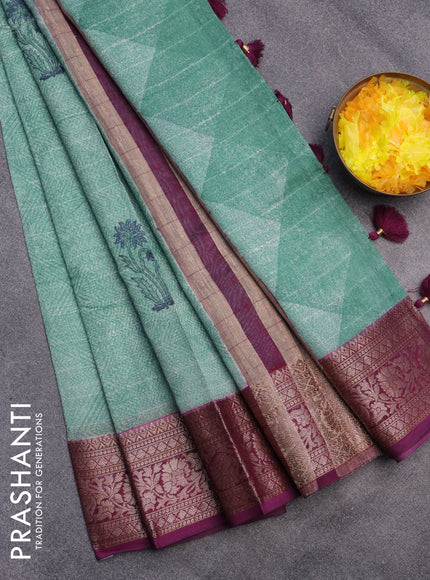 Chanderi silk cotton saree teal green and purple with allover prints and woven border