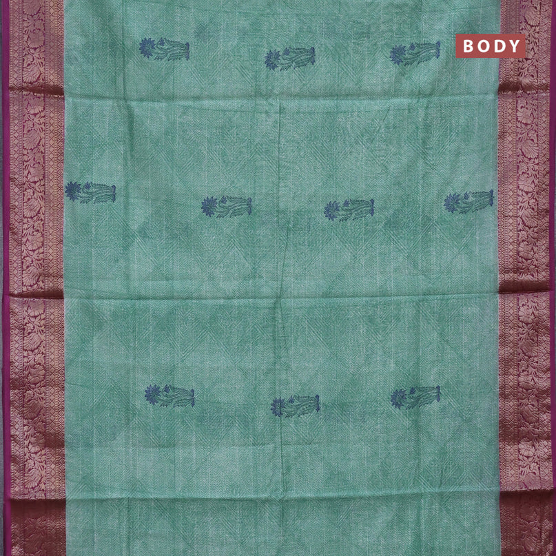 Chanderi silk cotton saree teal green and purple with allover prints and woven border