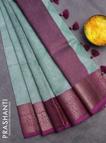 Chanderi silk cotton saree pastel green and purple with allover prints and woven border