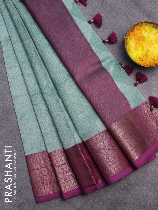 Chanderi silk cotton saree pastel green and purple with allover prints and woven border