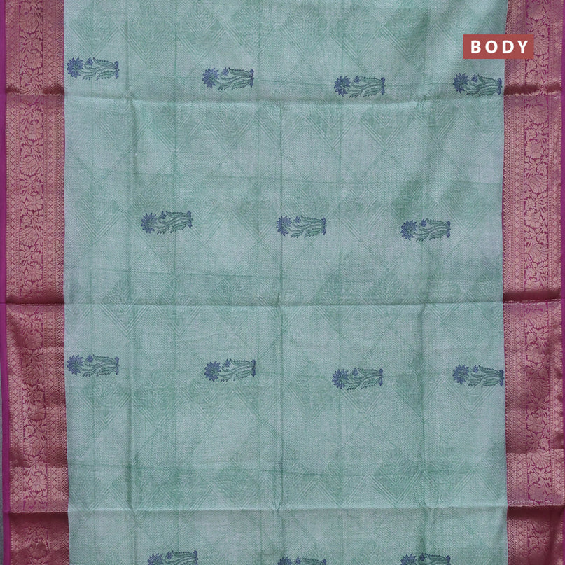 Chanderi silk cotton saree pastel green and purple with allover prints and woven border