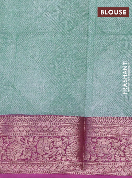 Chanderi silk cotton saree pastel green and purple with allover prints and woven border