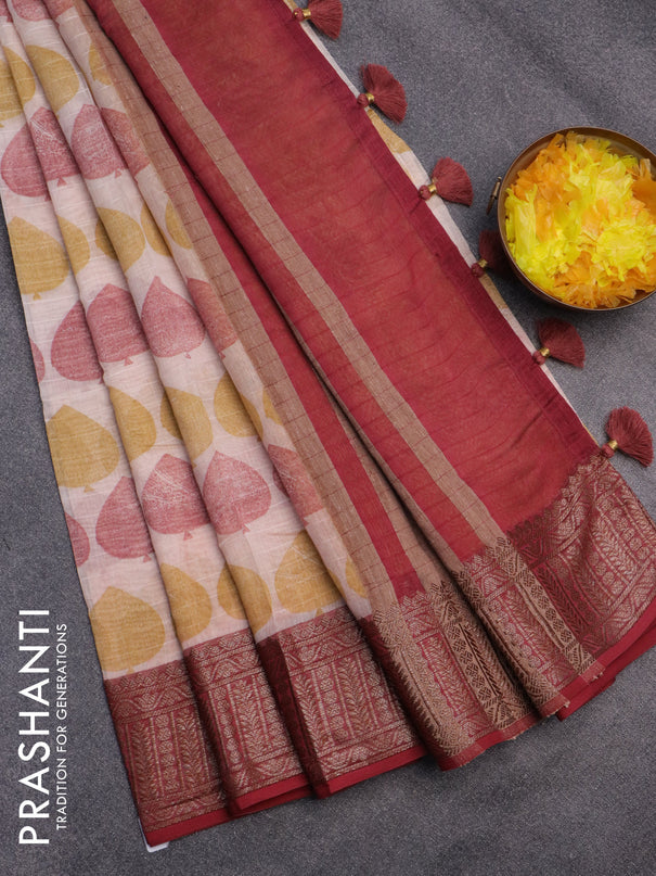 Chanderi silk cotton saree cream and maroon with butta prints and woven border