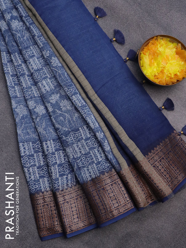 Chanderi silk cotton saree blue shade with allover prints and woven border