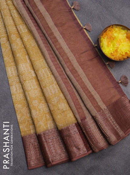 Chanderi silk cotton saree mustard yellow and brown with allover prints and woven border