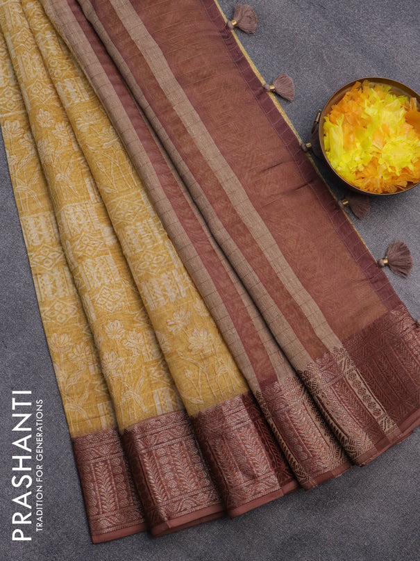 Chanderi silk cotton saree mustard yellow and brown with allover prints and woven border