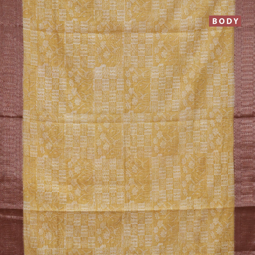 Chanderi silk cotton saree mustard yellow and brown with allover prints and woven border