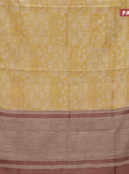 Chanderi silk cotton saree mustard yellow and brown with allover prints and woven border