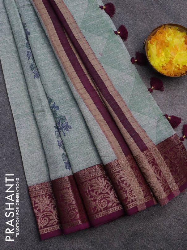 Chanderi silk cotton saree green shade and purple with allover prints and woven border