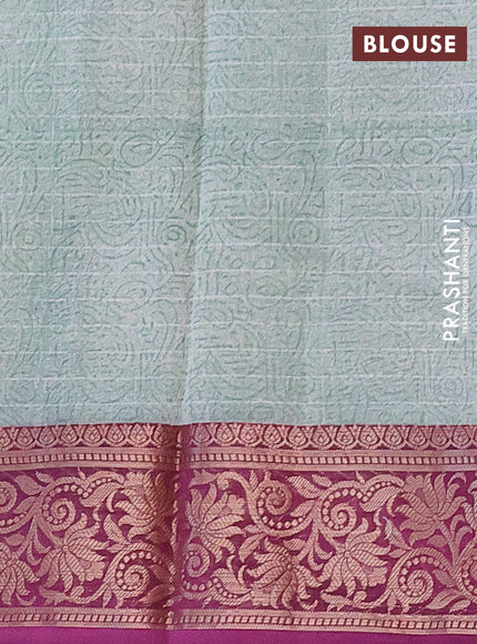 Chanderi silk cotton saree green shade and purple with allover prints and woven border