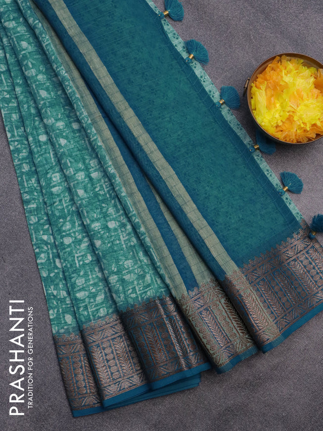 Chanderi silk cotton saree teal blue shade with allover prints and woven border