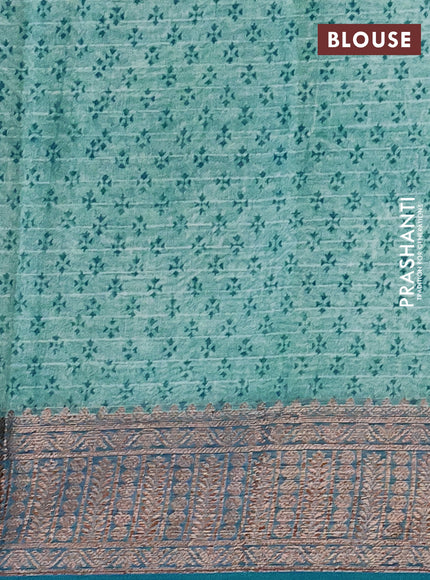 Chanderi silk cotton saree teal blue shade with allover prints and woven border