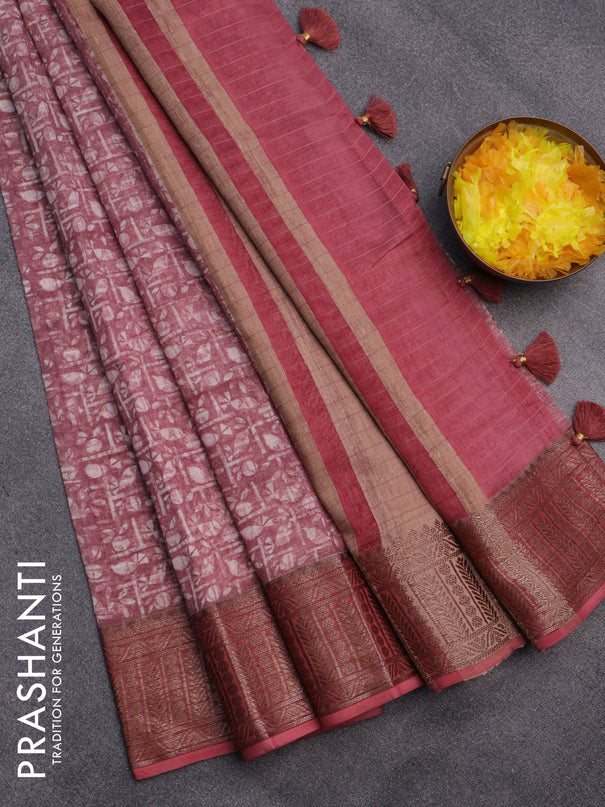 Chanderi silk cotton saree pastel maroon shade with allover prints and woven border