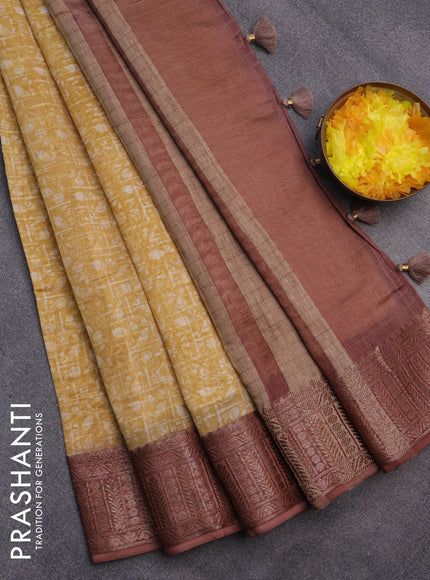 Chanderi silk cotton saree mustard yellow and pastel brown with allover prints and woven border