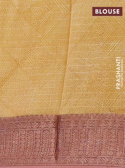 Chanderi silk cotton saree mustard yellow and pastel brown with allover prints and woven border