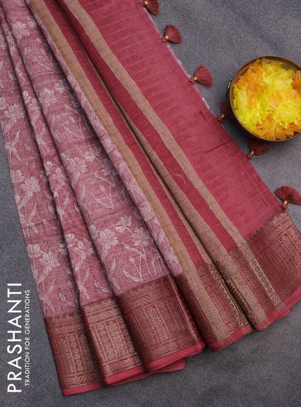 Chanderi silk cotton saree pastel maroon shade with allover prints and woven border