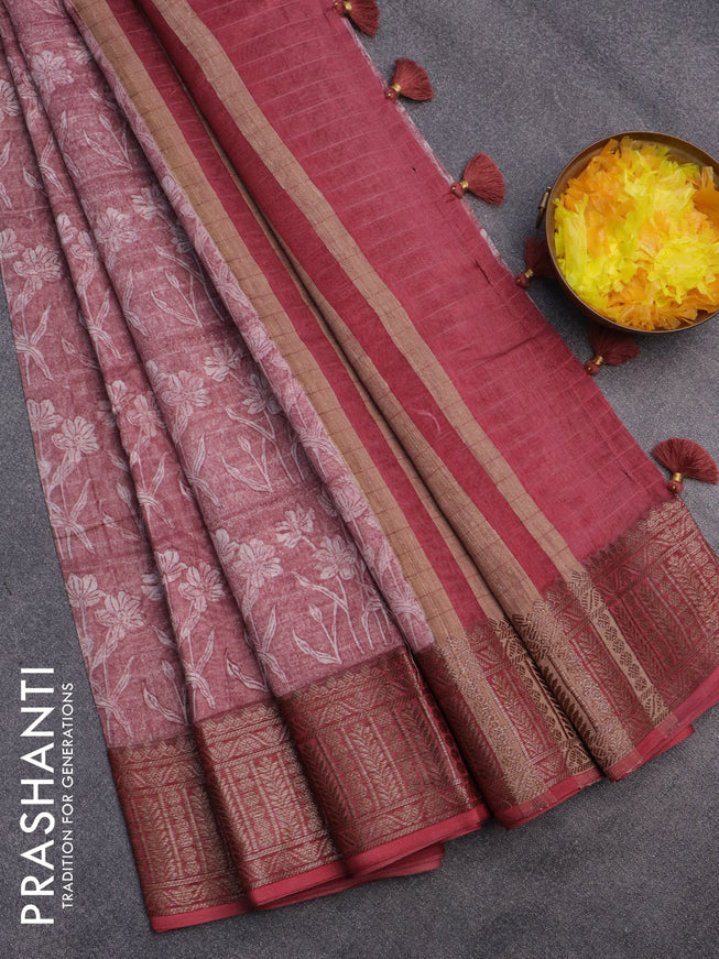 Chanderi silk cotton saree pastel maroon shade with allover prints and woven border