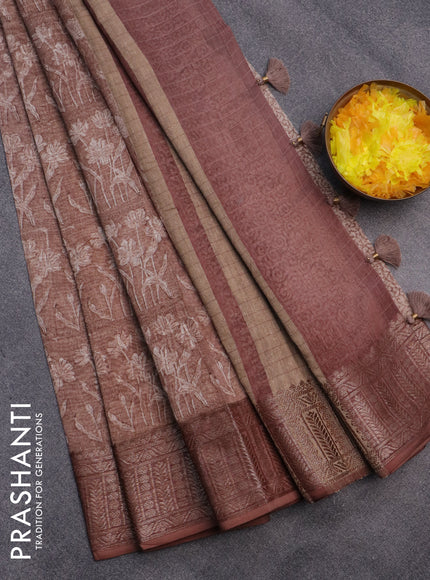 Chanderi silk cotton saree brown shade with allover prints and woven border