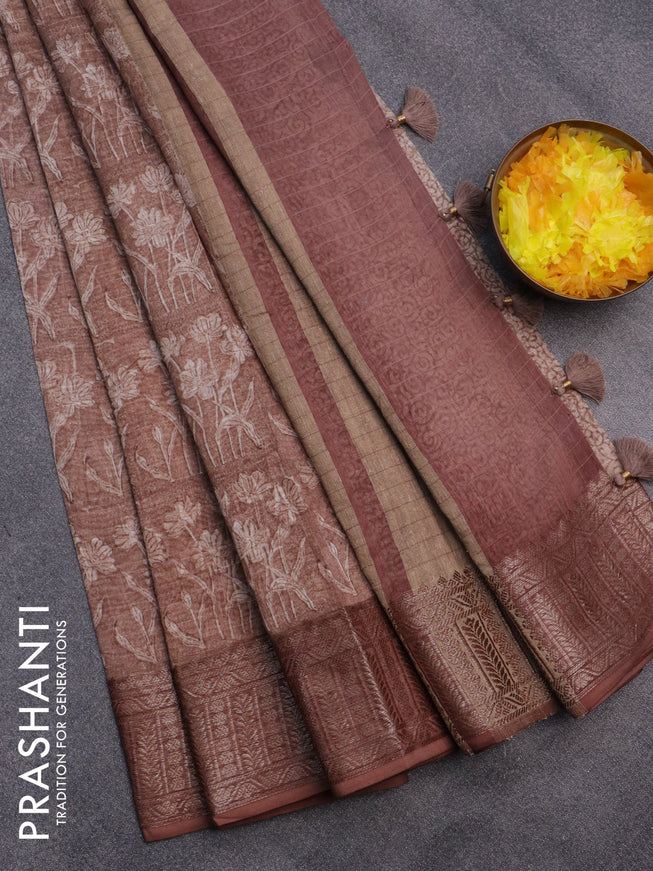 Chanderi silk cotton saree brown shade with allover prints and woven border