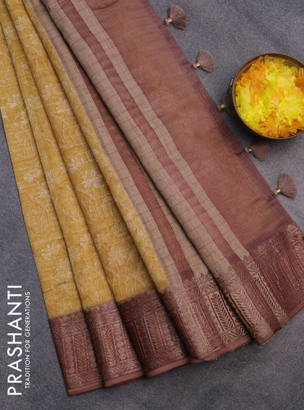 Chanderi silk cotton saree mustard yellow and brown with allover prints and woven border